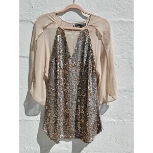 Rohit Gandhi + Rahul Khanna Top Large Gold Tan Sheer Silk Sequin Flowy Boho